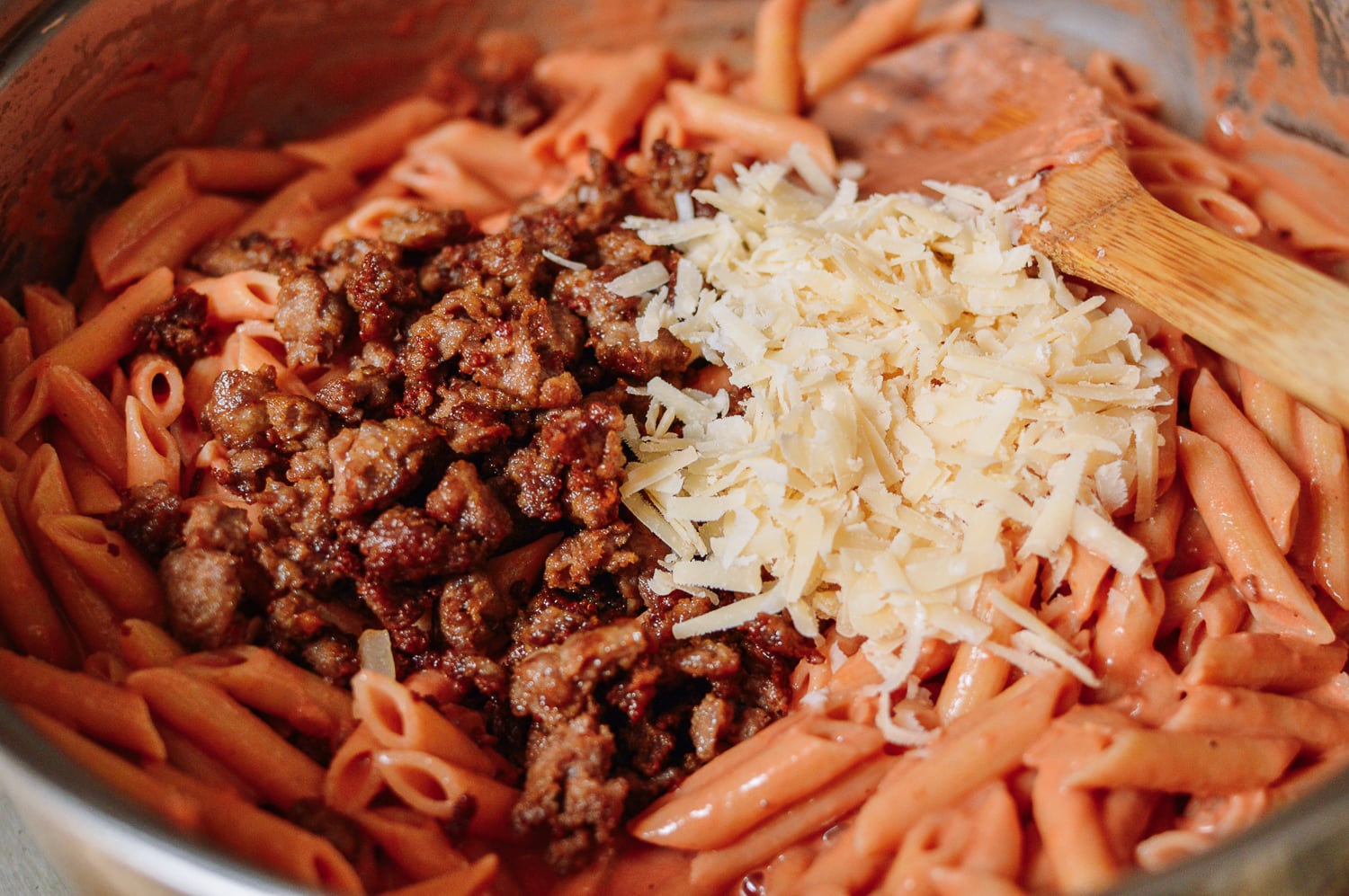 Penne with sausage and cheese, thewoksoflife.com
