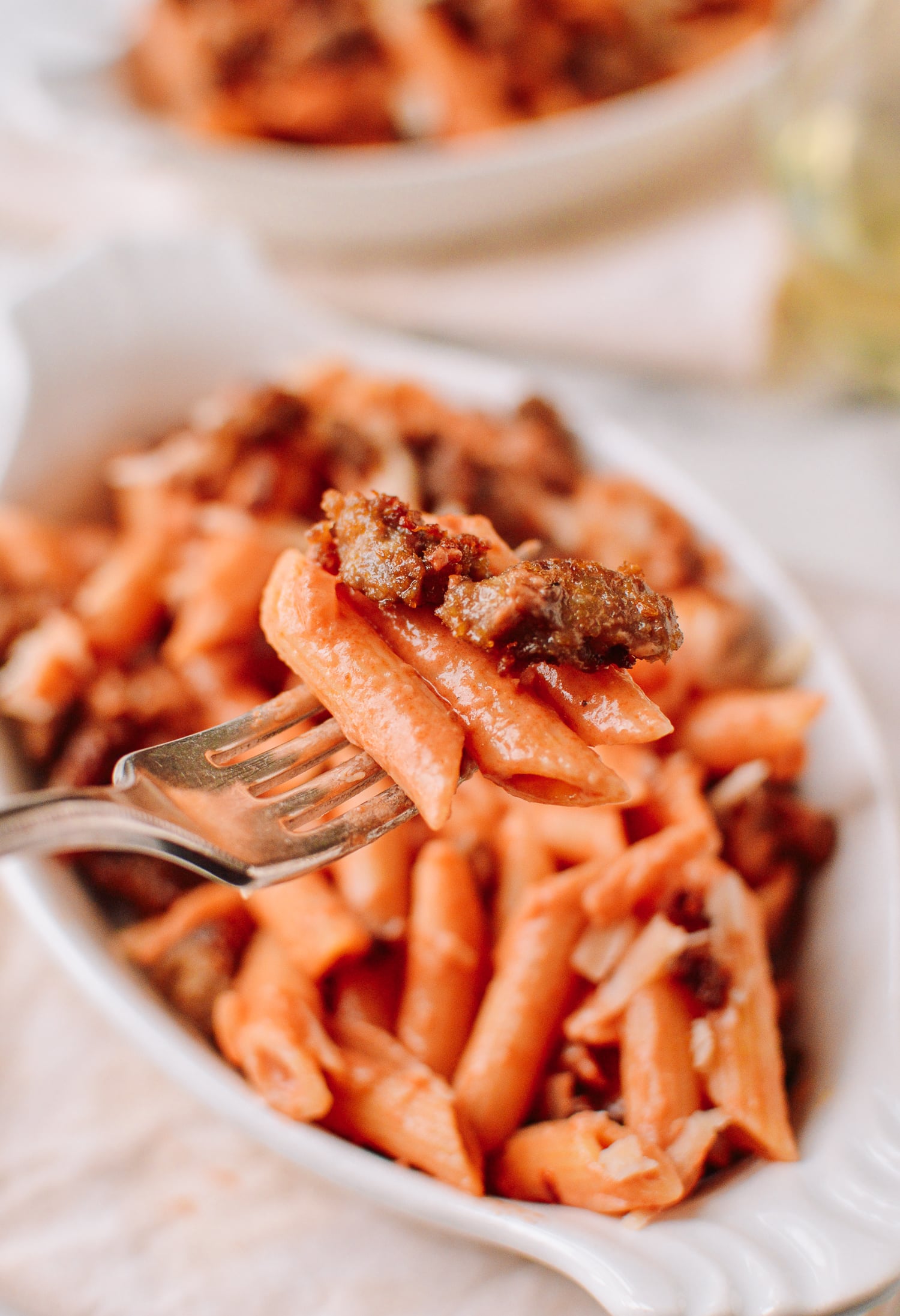 Penne alla Vodka on fork, thewoksoflife.com