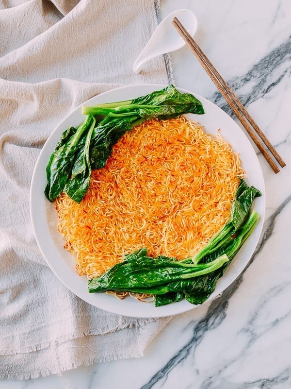 Pan-fried Noodles with Choy Sum on Plate, thewoksoflife.com