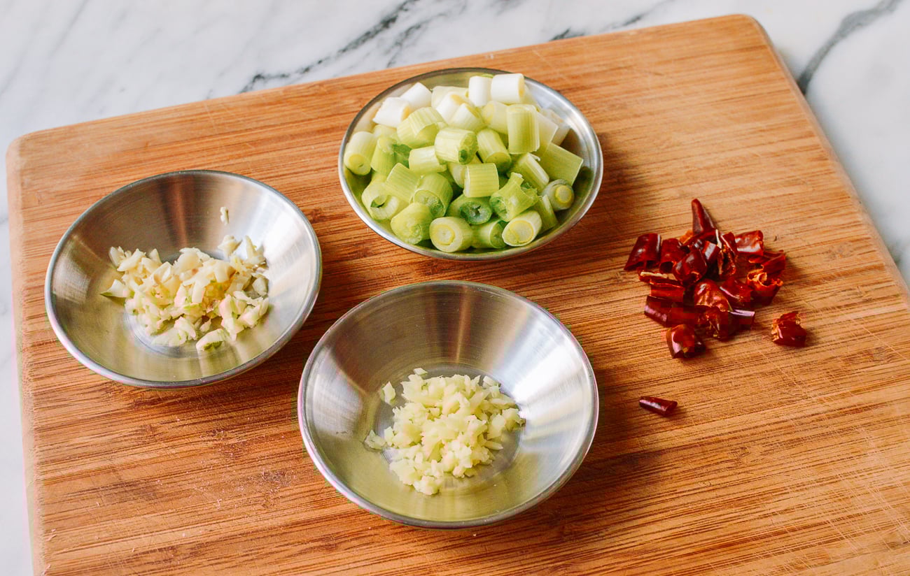 scallions, ginger, garlic, and chili