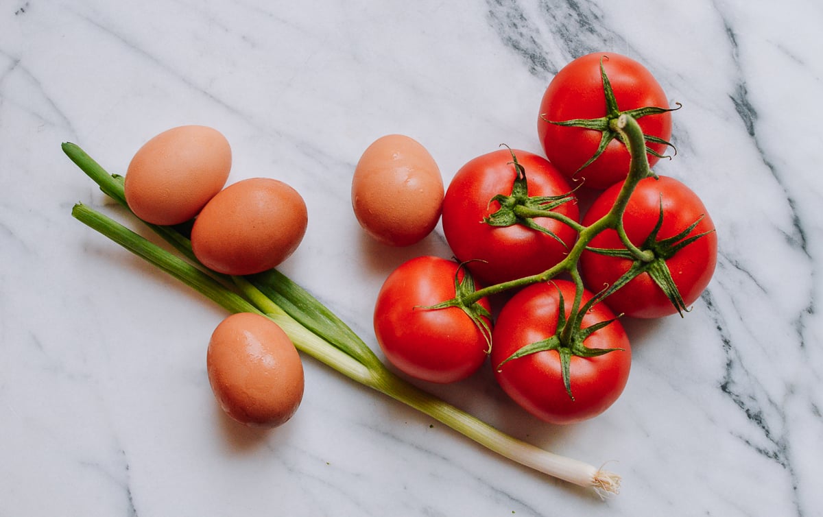 Eggs, scallion, and tomatoes, thewoksoflife.com