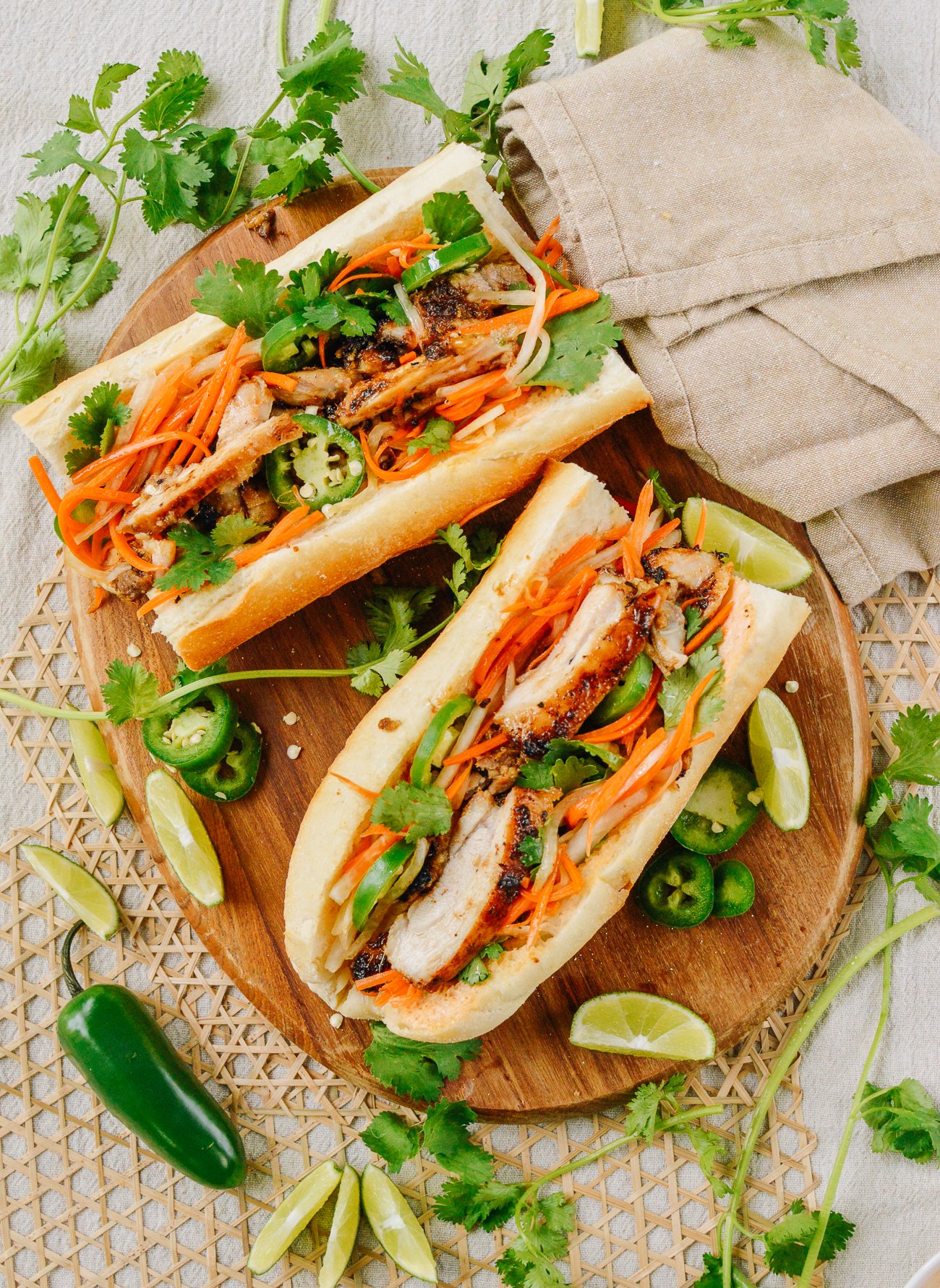 Lemongrass Chicken Banh Mi Sandwiches on cutting board