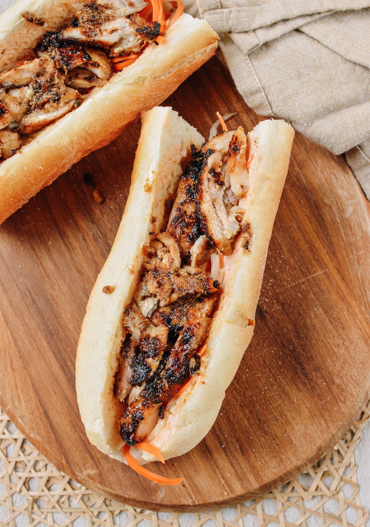 lemongrass chicken slices in Vietnamese sandwich