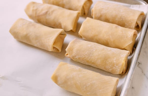 Wrapped Egg Rolls before cooking, thewoksoflife.com