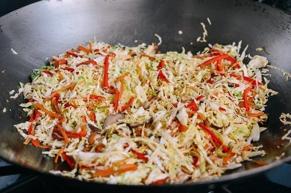 Cooking veggie egg roll filling, thewoksoflife.com