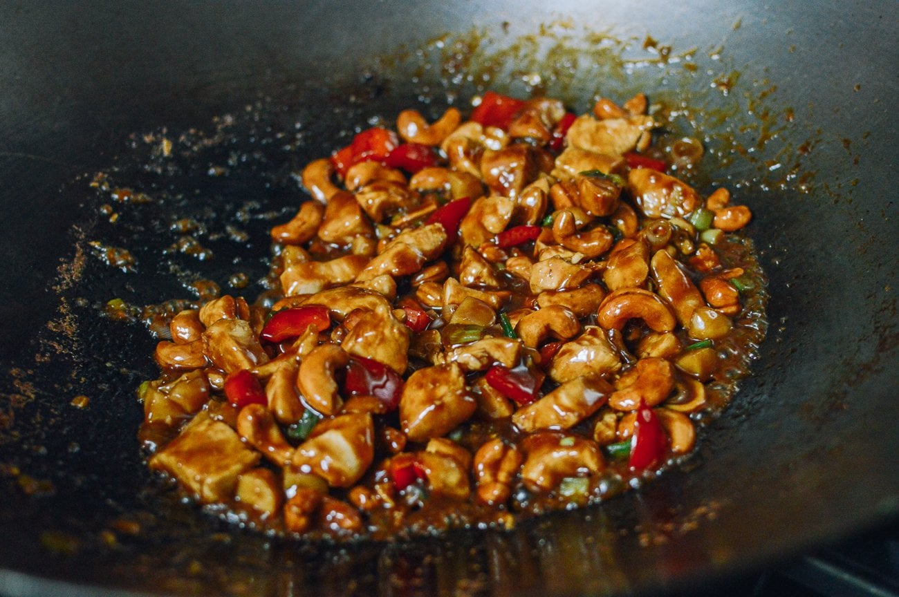 cashew chicken stir-fry in wok