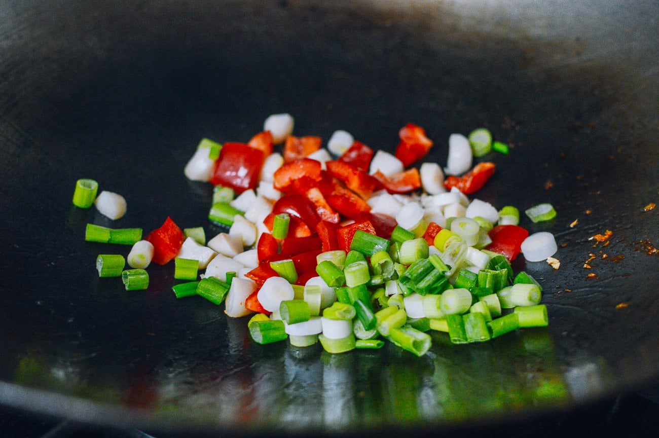 bell pepper and scallion in wok