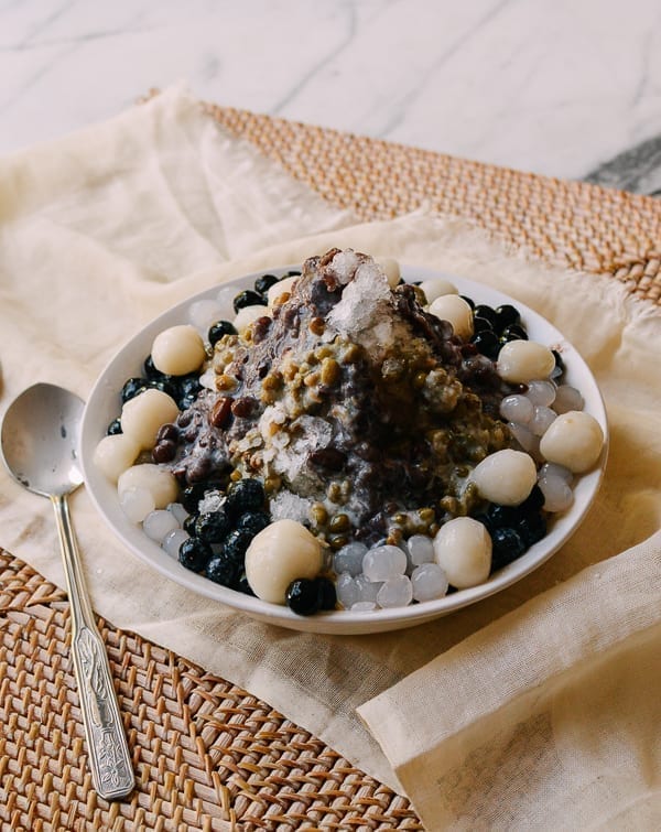 Baobing Chinese Shaved Ice with tapioca, rice balls, red bean, and mung bean, thewoksoflife.com