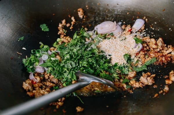 Larb mixture in wok, thewoksoflife.com