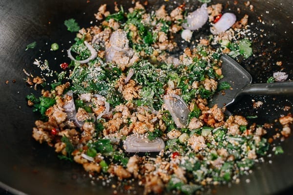 Stir-frying larb meat salad, thewoksoflife.com