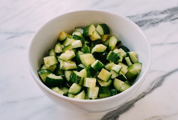 Cucumber chunks in a bowl, thewoksoflife.com