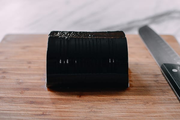 Cylinder of grass jelly from a can, thewoksoflife.com