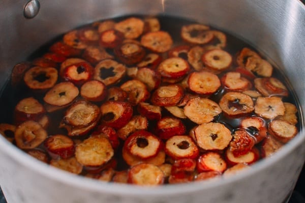 Dried Hawthorn in pot with water, thewoksoflife.com