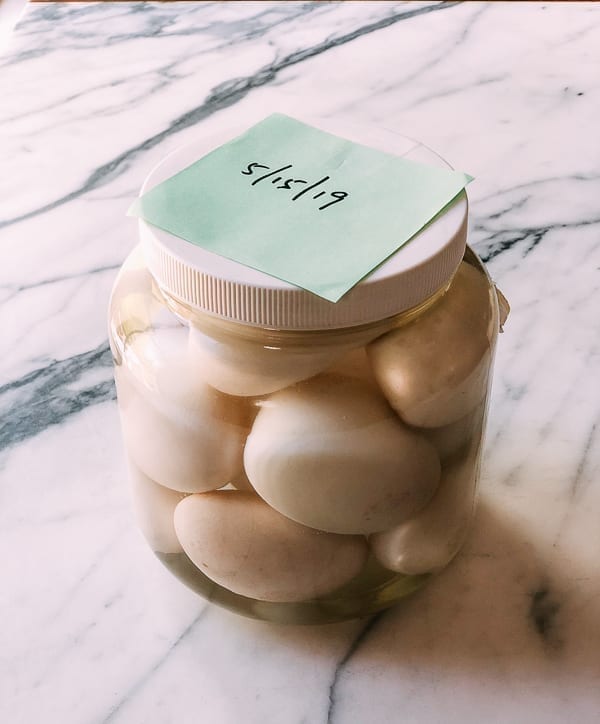 Jar of duck eggs in salt brine, thewoksoflife.com