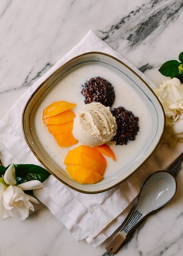 Thai Black Sticky Rice, Mango, Vanilla Ice Cream, Coconut Milk, Sweetened Condensed Milk, and shaved ice, thewoksoflife.com