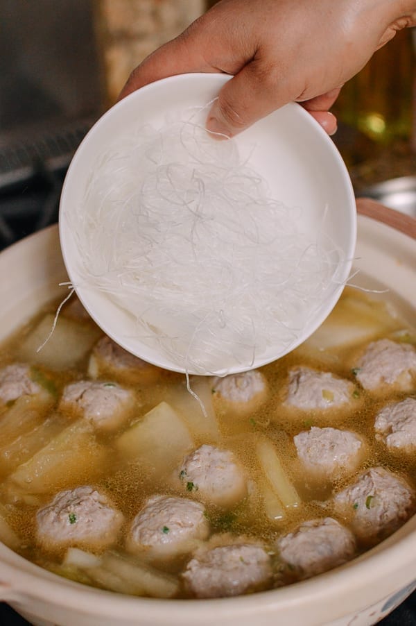 Adding glass noodles to soup, thewoksoflife.com