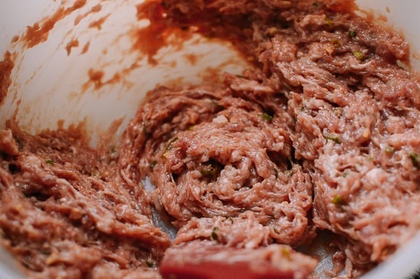 Meatball mixture after whipping, thewoksoflife.com