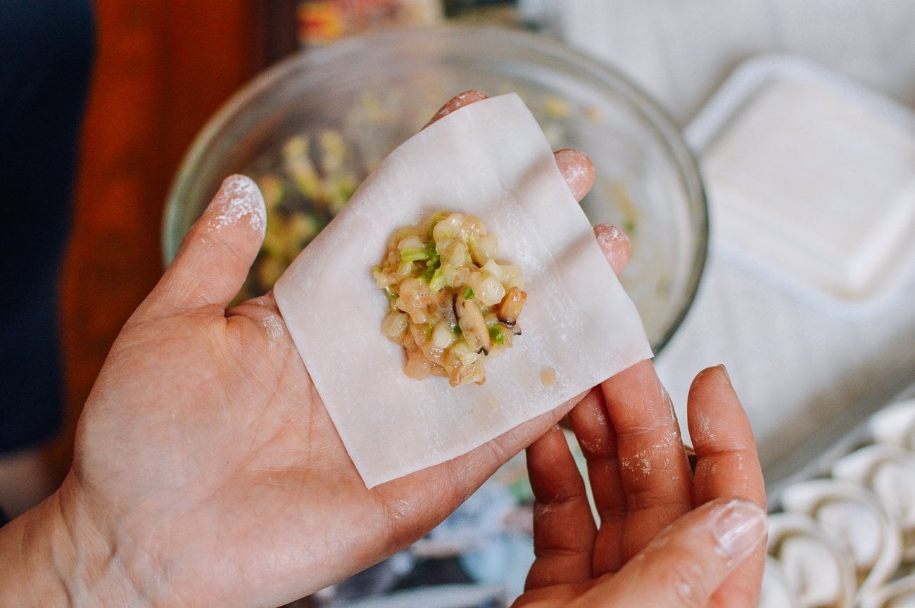 wonton filling on square wrapper