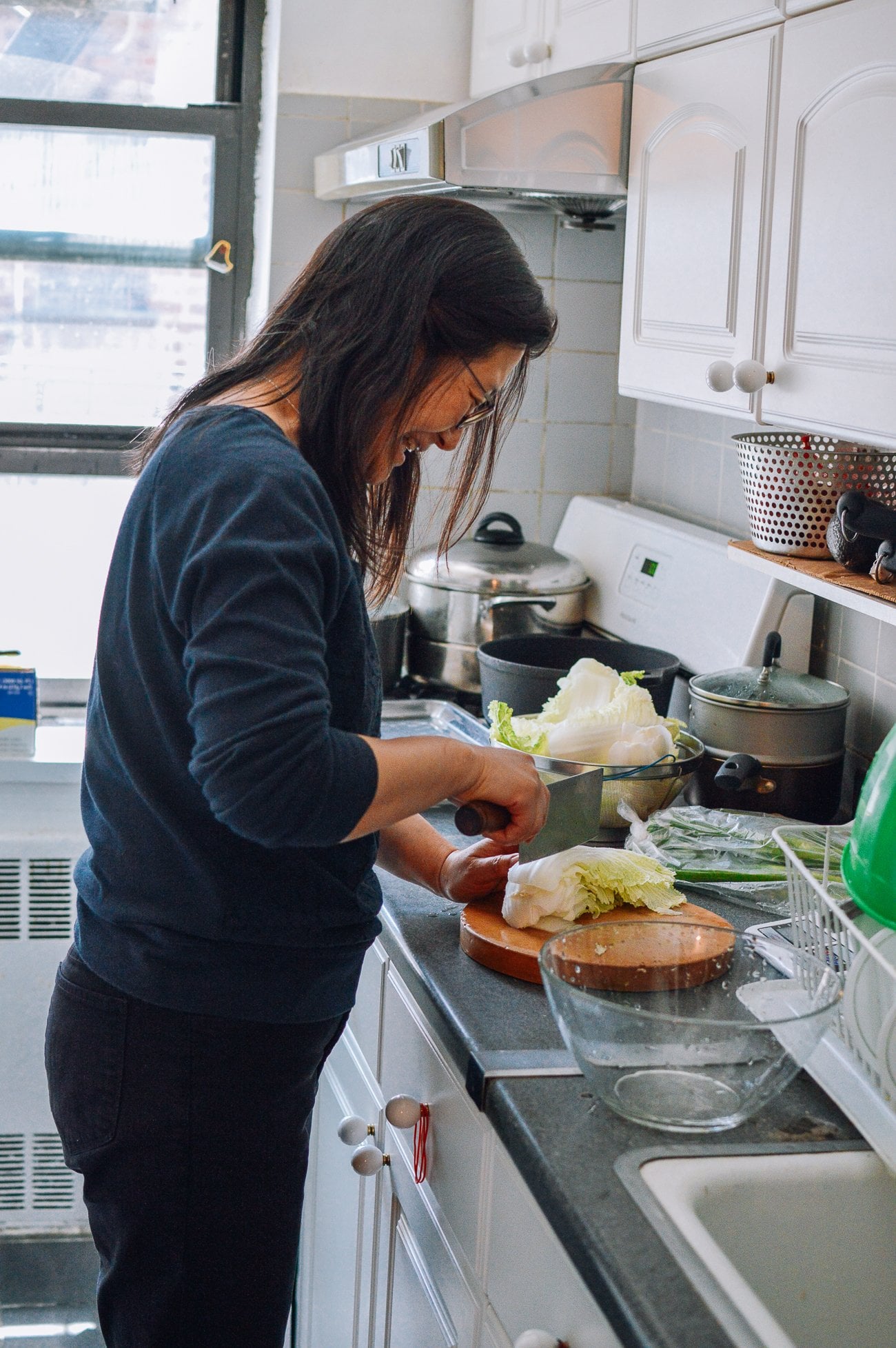 Judy chopping napa cabbage