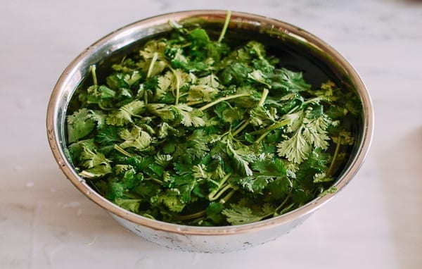 Soaking cilantro in water, thewoksoflife.com