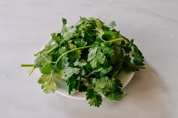 Clean cilantro on a plate, thewoksoflife.com