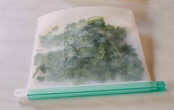 Cilantro in freezer bag, thewoksoflife.com