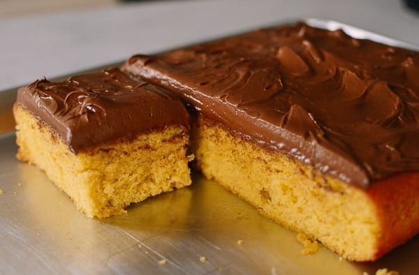 yellow sheet cake with chocolate frosting