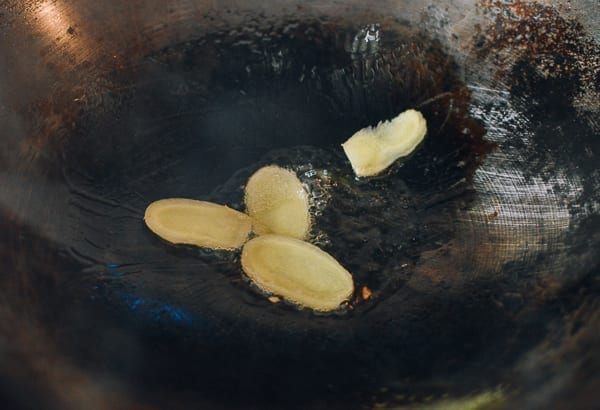 Frying ginger slices, thewoksoflife.com