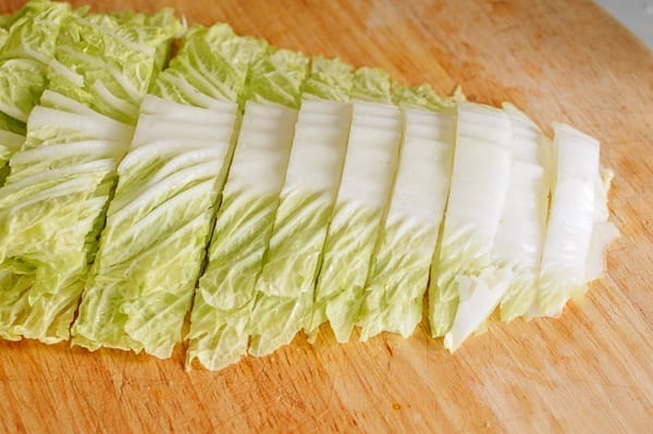 Slicing napa cabbage leaves, thewoksoflife.com