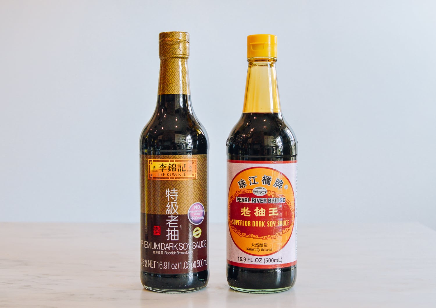 Lee Kum Kee Premium Dark Soy and Pearl River Bridge superior dark soy sauce, thewoksoflife.com
