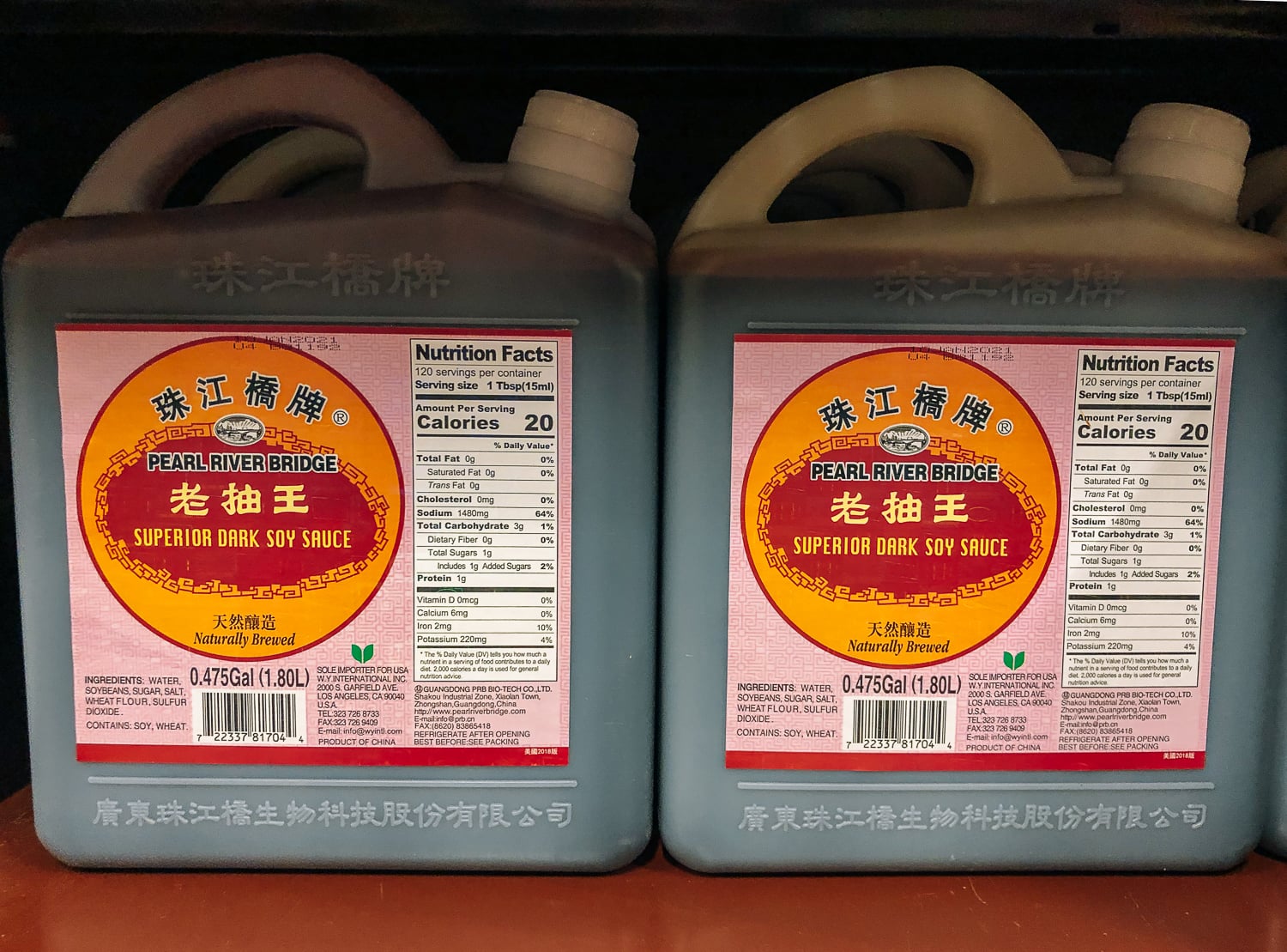 Bulk jugs of Pearl River Bridge dark soy sauce, thewoksoflife.com