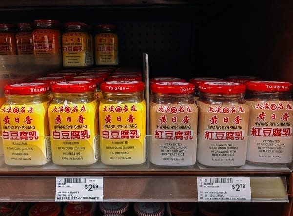 White and red tofu cheese on store shelf, thewoksoflife.com