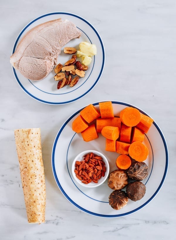 Cantonese Pork, Carrot, and Chinese Yam Soup Ingredients, thewoksoflife.com