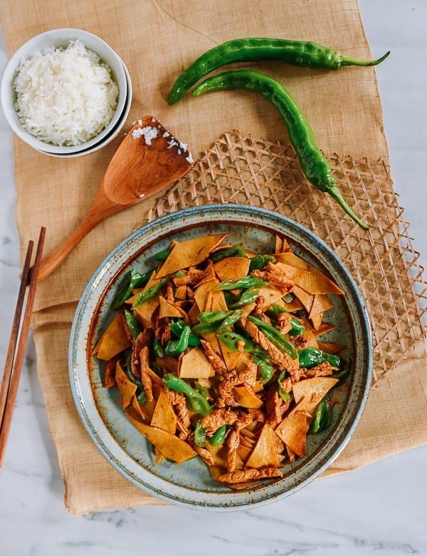 Chinese Stir-fried Tofu Sheets with peppers and pork, thewoksoflife.com