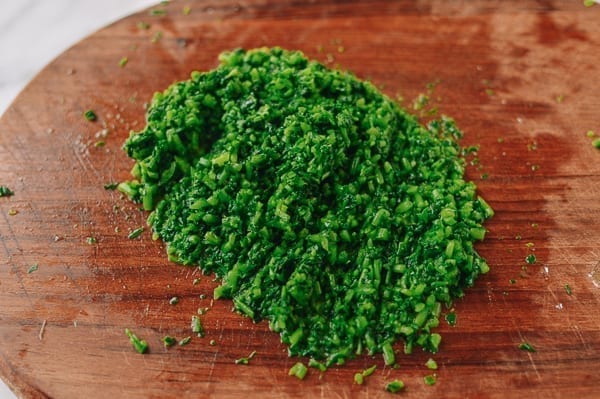 Finely chopped cooked watercress, thewoksoflife.com