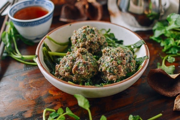 Watercress steamed meatballs, thewoksoflife.com