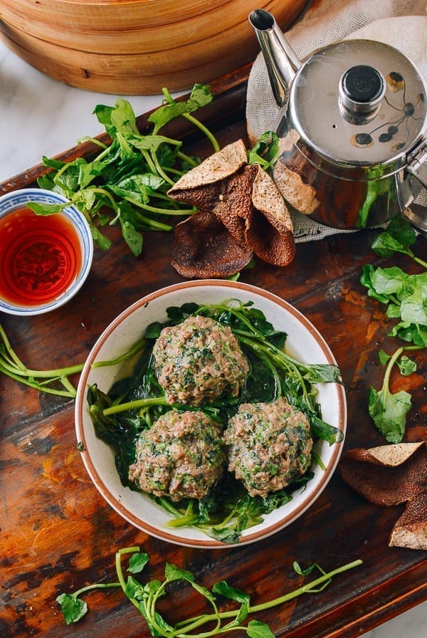 Watercress steamed meatballs, thewoksoflife.com