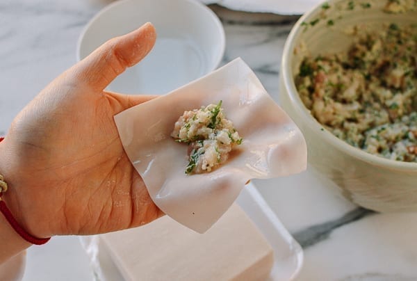 Filling in wonton wrapper, thewoksoflife.com