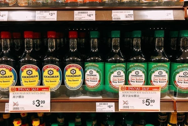 Kikkoman soy sauce on store shelf, thewoksoflife.com