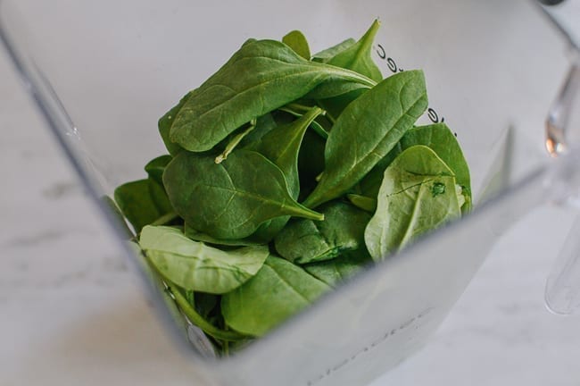 Spinach in food processor with water, thewoksoflife.com