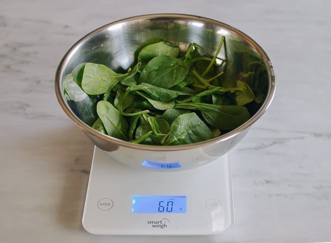 weighing out baby spinach, thewoksoflife.com