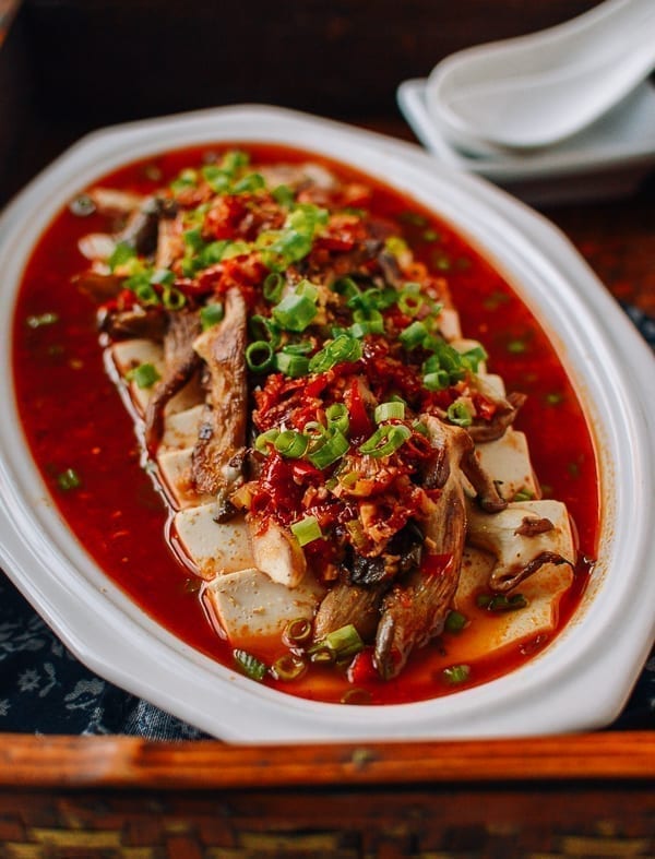 Spicy Hunan Steamed Tofu with Mushrooms and Salted Chilies, thewoksoflife.com