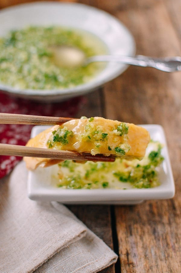 Chinese Poached Chicken dipped in ginger scallion sauce, thewoksoflife.com