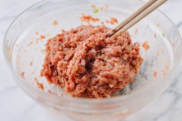 Mixing Chinese meat filling, thewoksoflife.com