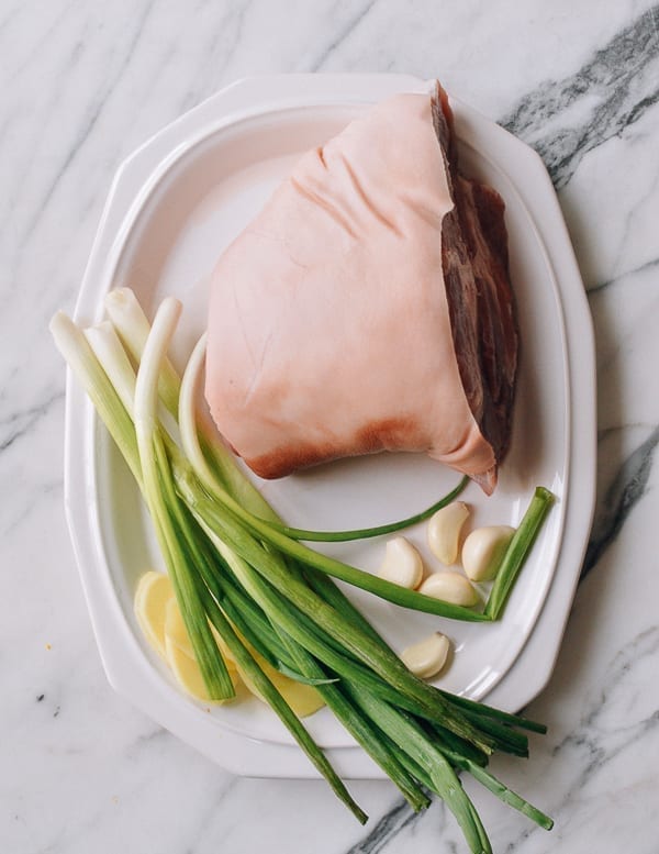 Bone-in, skin-on Pork Shank, ginger, scallions, and garlic, thewoksoflife.com