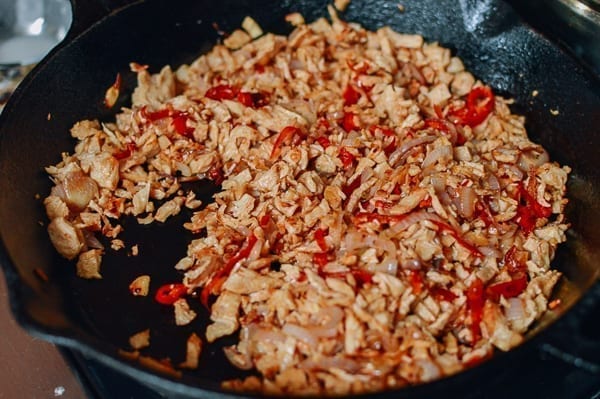 Browning seitan in pan, thewoksoflife.com