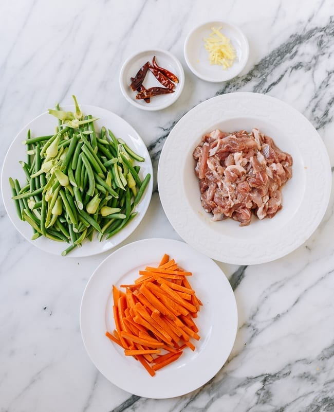 garlic scapes, julienned carrots, pork, chilies, and ginger