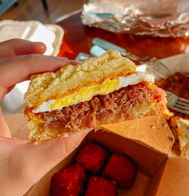 Traditional breakfast sandwich on a biscuit from Dutch's in Portland, Maine