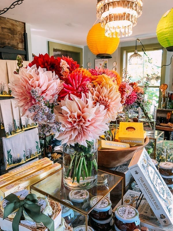 Dahlias in vase in gift store, thewoksoflife.com