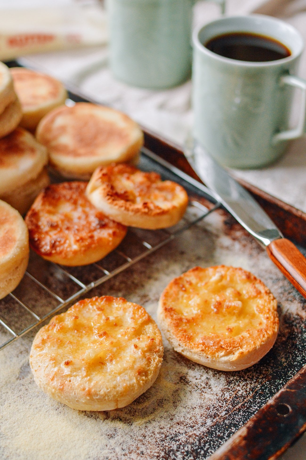 Buttered homemade english muffins with nooks and crannies